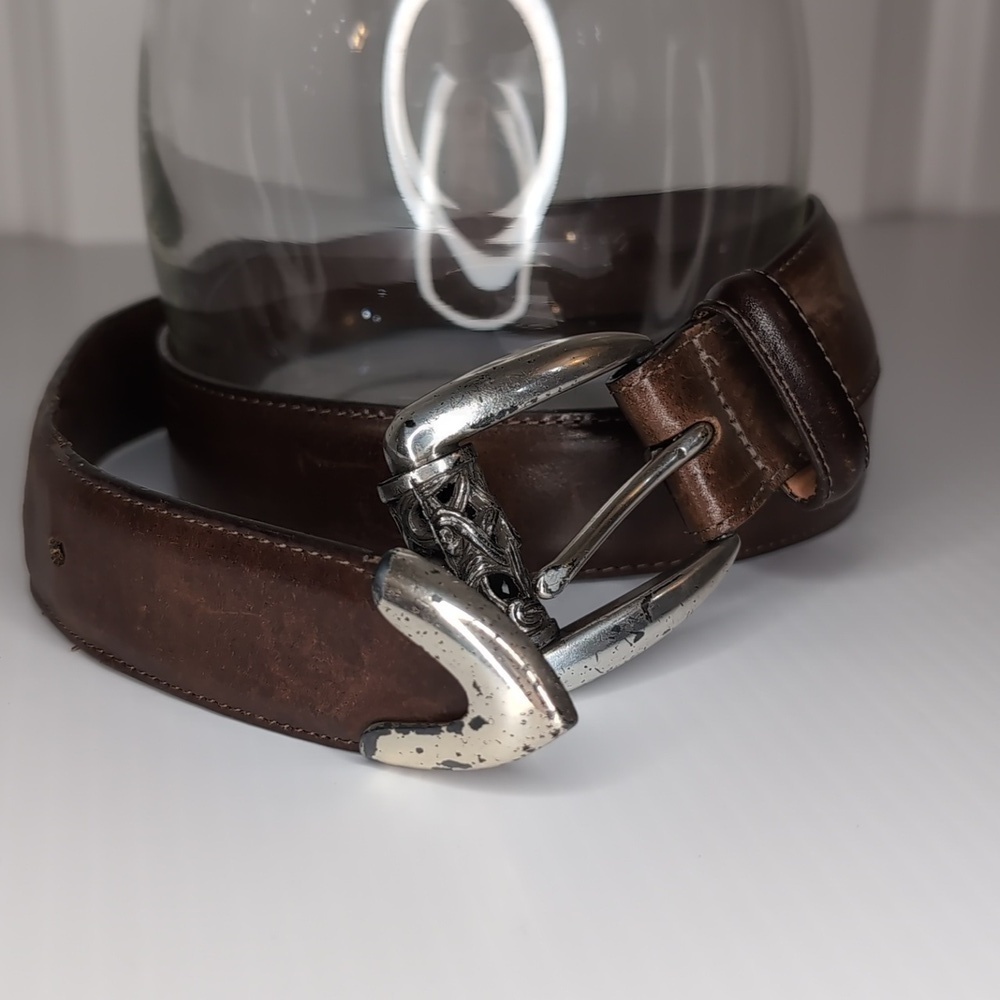 Vintage 1993 Brighton Leather Belt Sz Large Filigree Silver Barrel Buckle Brown